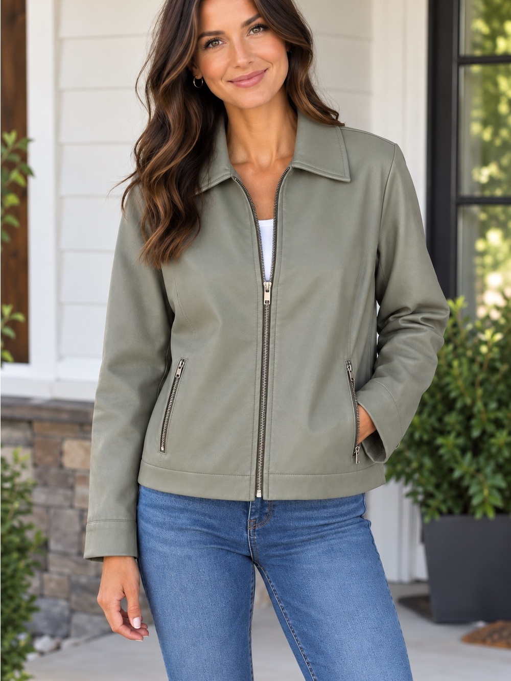 NWOT! Denim&Co Taupe\Stone Lamb Leather Zip Jacket